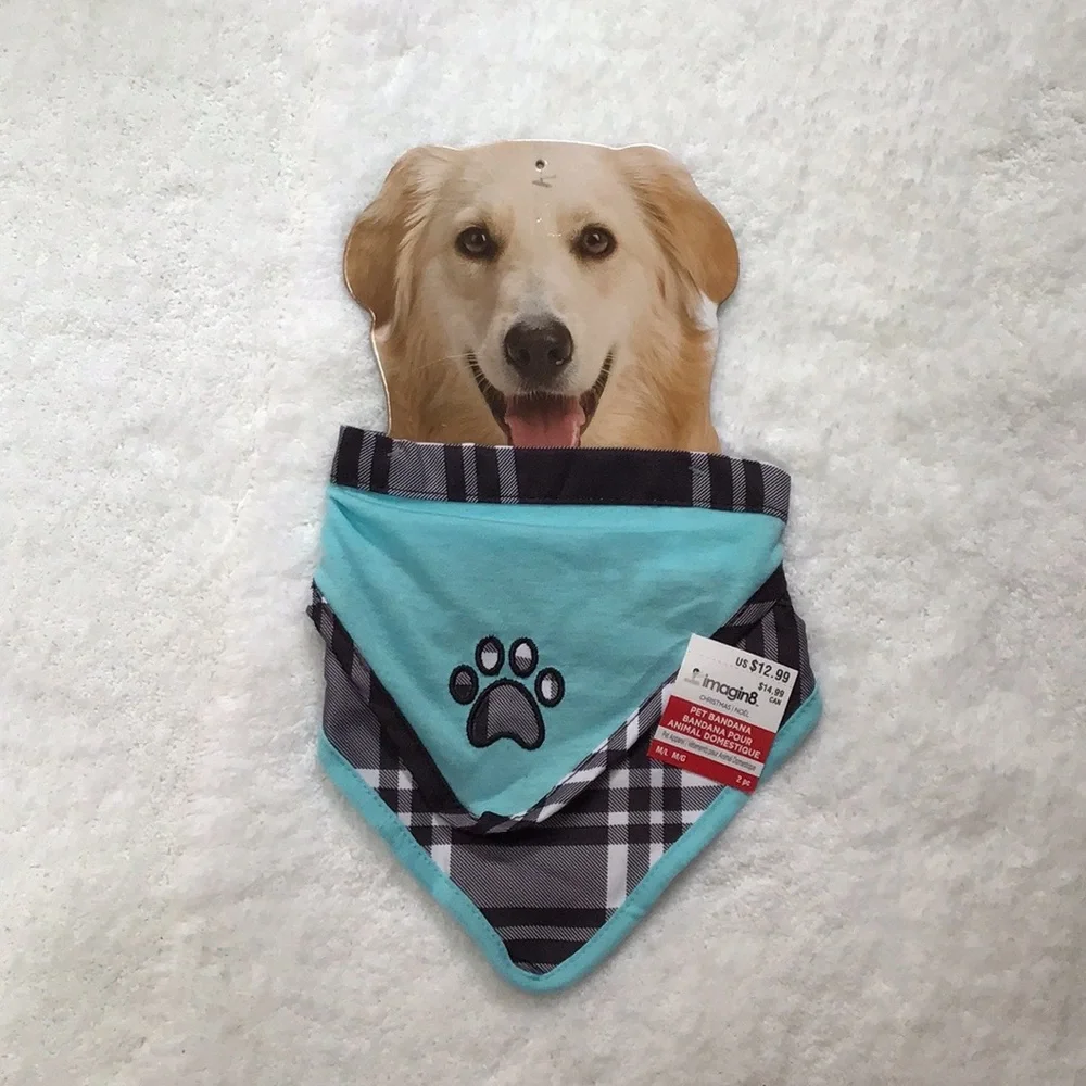 Set of 2 Dog Pet Neck Scarves‎ Bandanas Blue & Black Plaid Medium/Large N…